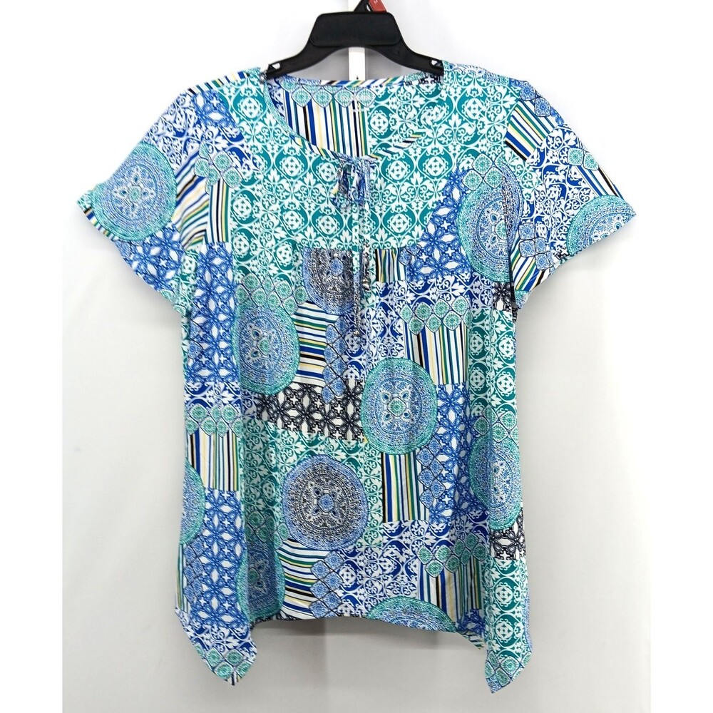 Kim Rogers Shirt Women Large Multicolor All Over Print Keyhole Neck Tunic Top